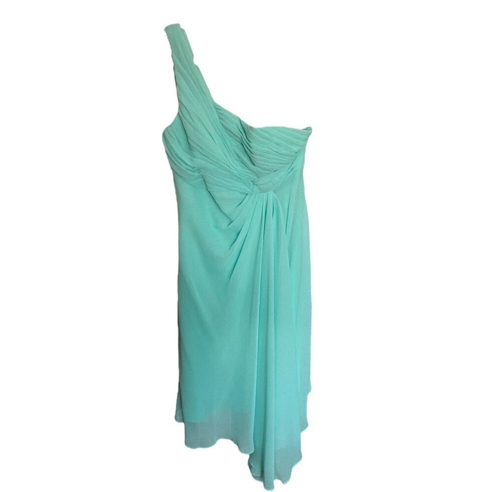 David's Bridal turquoise blue one shoulder asymmetrical gown pleated drape sz 8